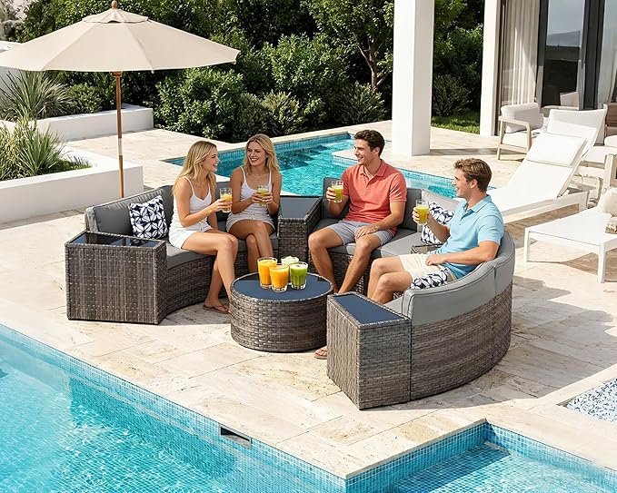 ABCASA Outdoor Patio Furniture Set with Coffee Table,11 Pieces Half-Moon Curved Outdoor Sectional Sofa and Side Table Waterproof Cover, Wicker Rattan Patio Coversation Set for Porch,Backyard(Grey)