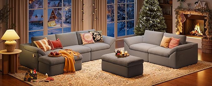 LINSY HOME Modern Boneless Cloud Couch Set with Movable Ottomans, Deep Seat Corduroy Secional Sofa Couch Sets for Living Room, Apartment, Office, No Assembly Required, Grey
