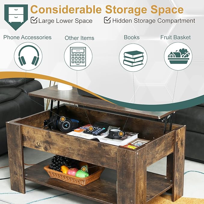 PayLessHere Coffee Table Lift Top Coffee Tables with Hidden Compartment and Storage Shelf Wooden Lift Tabletop Dining Table for Living Room Home (Brown, 39" D x 28" W x 24" H)