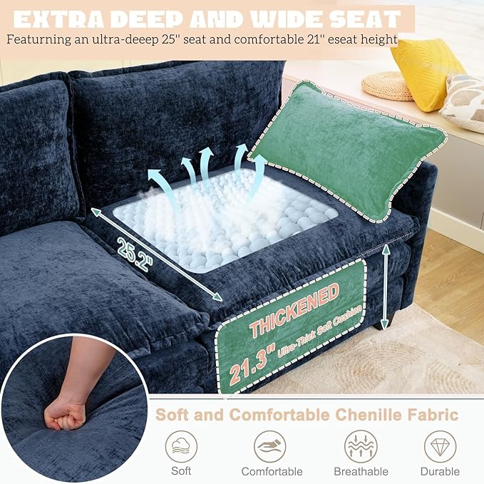 Modular Sectional Cloud Couch, 3 Seat Convertible Sectional Couches Sofa with Ottoman, Convertible L-Shape Cloud Sectionals Couches for Living Room, Apartment, Blue