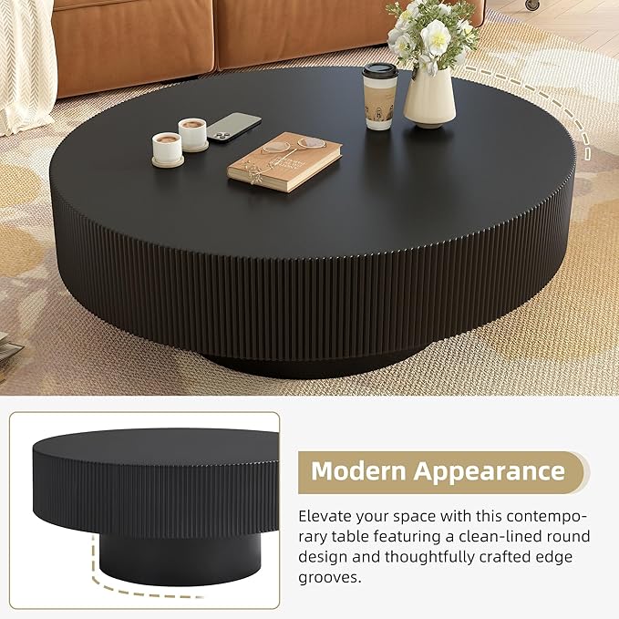 Merax Modern 35.4 Inch Round Large Coffee Table with Sturdy Base, Wood Center Table with 6.8" Thick Tabletop for Living Room Reception Room, Easy Assemble, Black