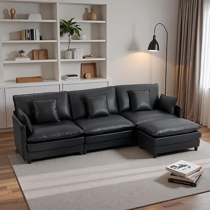 L Shaped Cloud Sofa, 4-Seater Modular Couch with Double Layer Upholstered Seat Cushion, PU Sleeper Sofa with Ottoman & Pillows, Comfort Couches for Living Room, Bedrooms & Apartments, Black