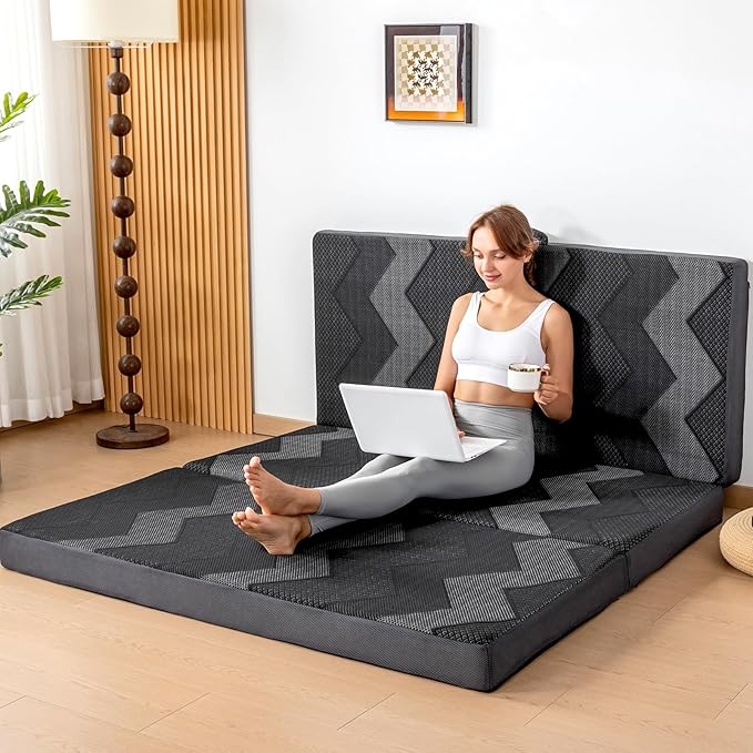 INGEROOM Foldable Mattress Queen - Memory Foam 4 inch Trifold Mattress for Camping, with Portable Handle, Non-Slip Folding Floor Bed Sofa for Guest Travel Yoga, Washable Breathable Cover