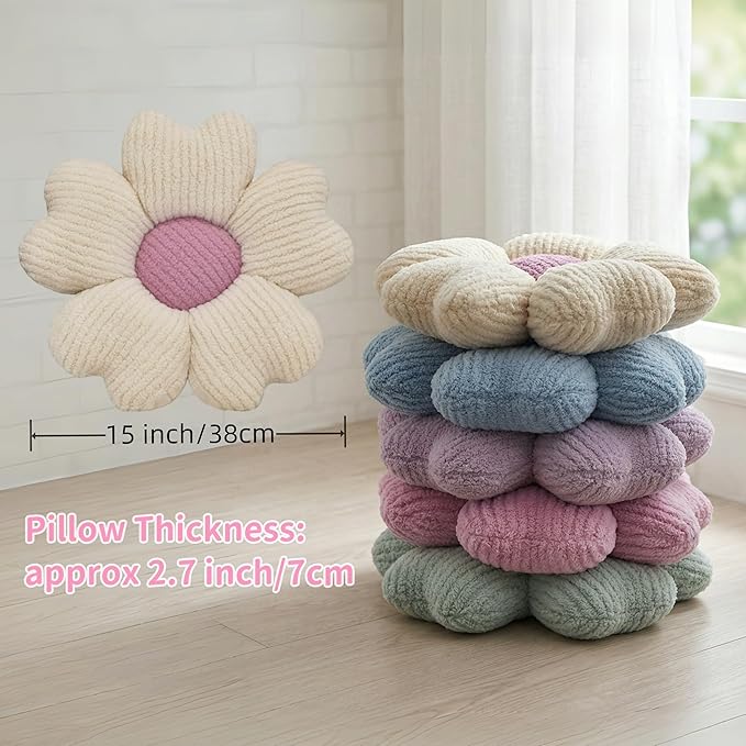 2 Pcs Lavender Decorative Throw Pillows, 15'' Cute Daisy Flower Shaped Pillow Floor Seating Cushion for Bed Couch Sofa Bedroom Room Dorm Decor (Lavender & Ivory)