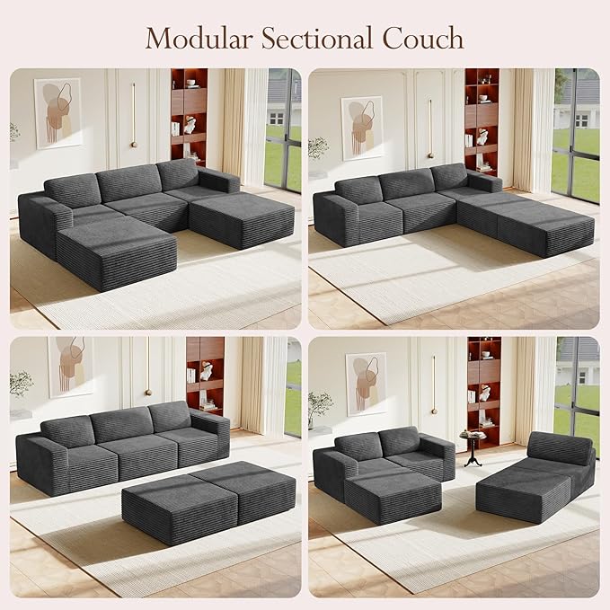 Vesgantti 119" Oversized U-Shaped Modular Sectional Sofa, Corduroy Cloud Couch with Deep Seating & Spring Support, Convertible Sofa with 2 Ottomans, Boneless Couch, No Assembly Required, Grey