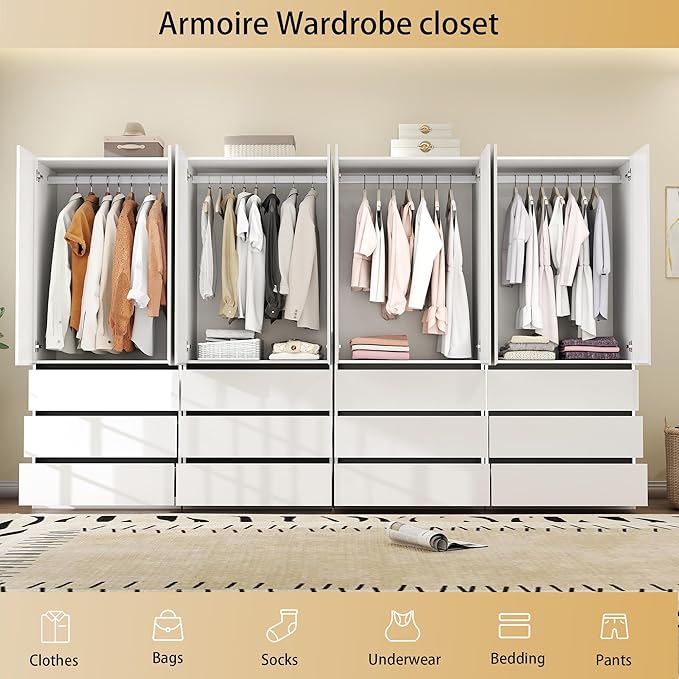 Large Wardrobe Closet with 8 Doors: 75" White Armoire with 12 Drawers, Wooden Wardrobe for Hanging Clothes, Tall Storage Cabinet with Shelves and Hanging Rod (B+B+B+B, 126")