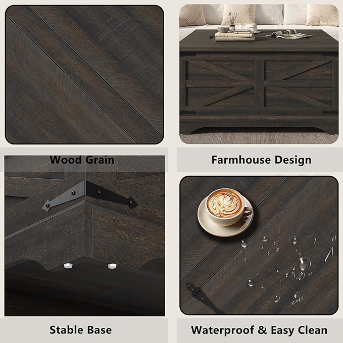 Furnideco 35.5''W Square Coffee Table Farmhouse Lift top Coffee Table with Large Hidden Storage, Wood Center Table for Living Room, Home Office, Dark Brown