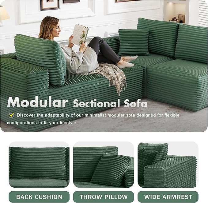104" Modular Sectional Sofa with L-Shape Chaise, Modern Upholstered Cloud Couches for Living Room Bedroom, No Assembly Required, Green