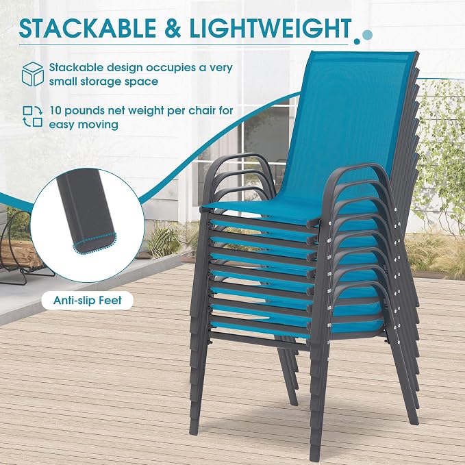 Outdoor Stackable Chairs Set of 8, Stacking Patio Chairs with Textilene Fabric, Outside Furniture for Garden Backyard Balconie Poolside Deck, Blue - Image 5