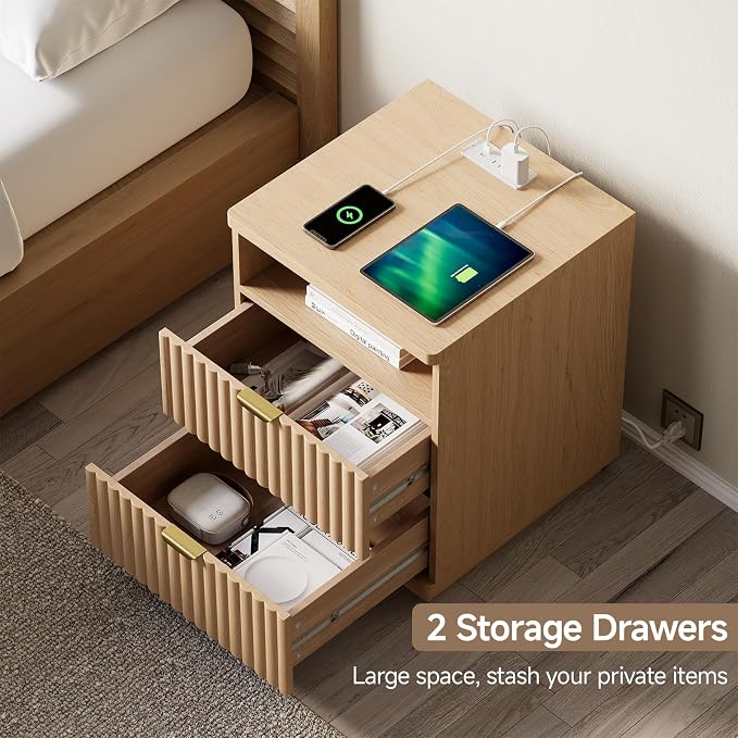 Nightstand with Charging Station, Night Stand with Open Shelf and 2 Drawers for Bedroom, Side Table Bedside Table with USB Ports & Outlets, Small Nightstand End Table (Oak Natural) - Image 6
