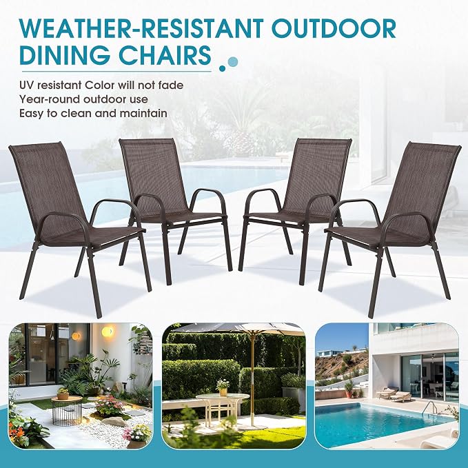 Wider Outdoor Stackable Chairs Set of 4, Stacking Patio Chairs with Textilene Fabric, Outside Furniture for Garden Backyard Balconie Poolside Deck, Brown - Image 7