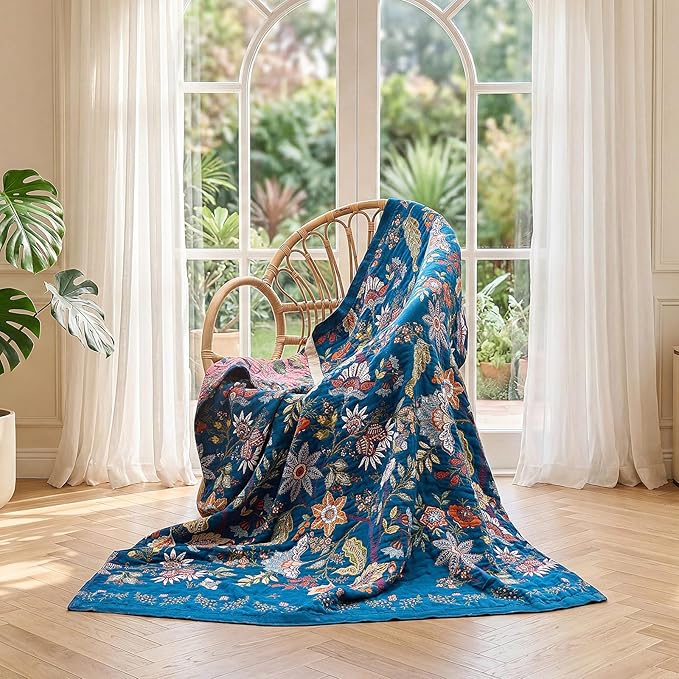LUTBM Boho Throw Blanket for Couch Sofa Chair Cotton Spring Blankets for Bedroom Living Room All Season Lightweight Reversible Floral Embroidery Throws 50"x60"