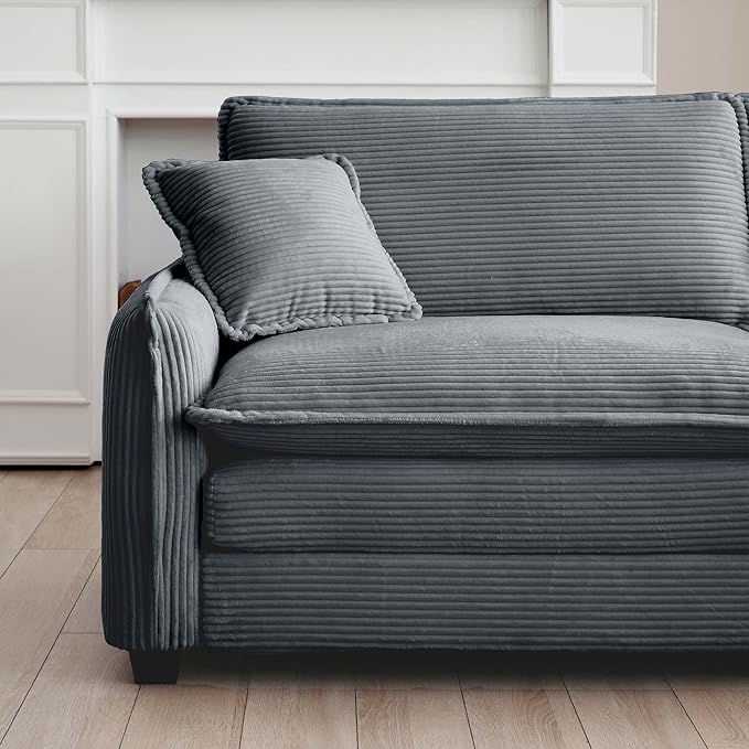 KEIKI 115" L-Shaped Oversized Corduroy Modular Sectional Sofa with 1 Ottoman, High-Density Foam Cushions, Removable Armrests, Upholstered 3-Seater Corner Couch with 5 Pillow, for Living Room, Grey