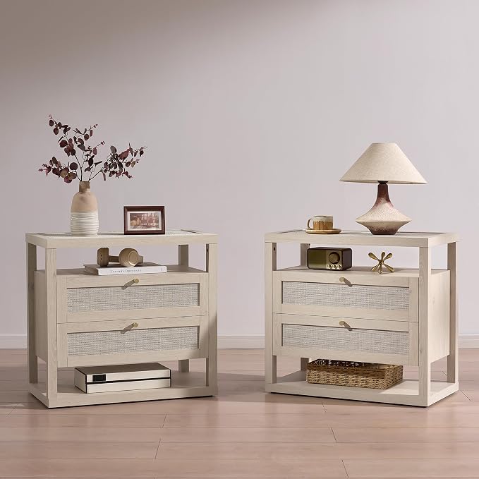 VividVibe Light Oak Night Stand Set 2, Nightstand with Drawers and Storage Shelf - Rattan Boho Bedside Tables Large Nightstands Wooden Bed Side Table, Modern Farmhouse Accent End Table - Image 2