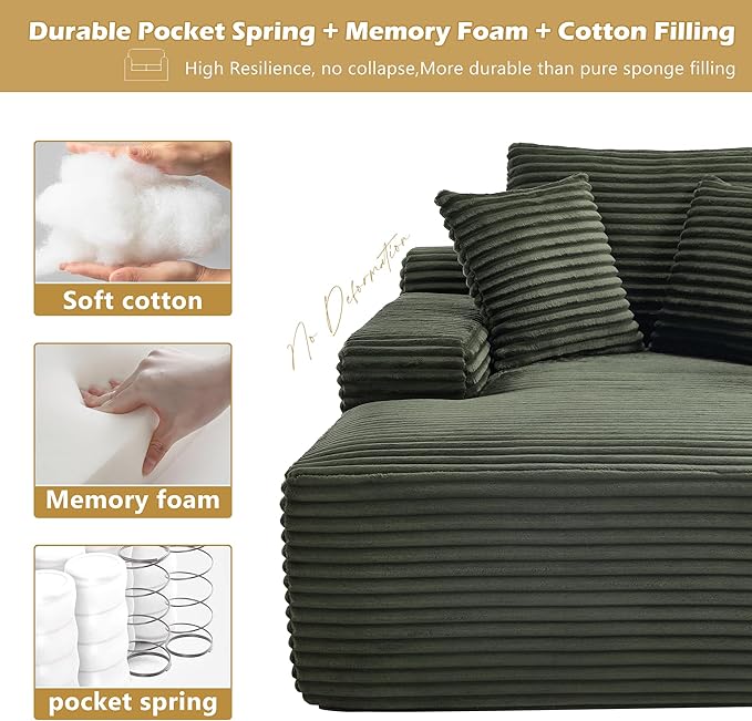 KEIKI 67" Corduroy Chaise Lounge Chair Sofa Bed with 9.9'' Wide Armrests, Oversized Sleeper Sofa, Deep Seat Lounge, Three Pillows, Convertible, No Assembly Required for Living Room, Green