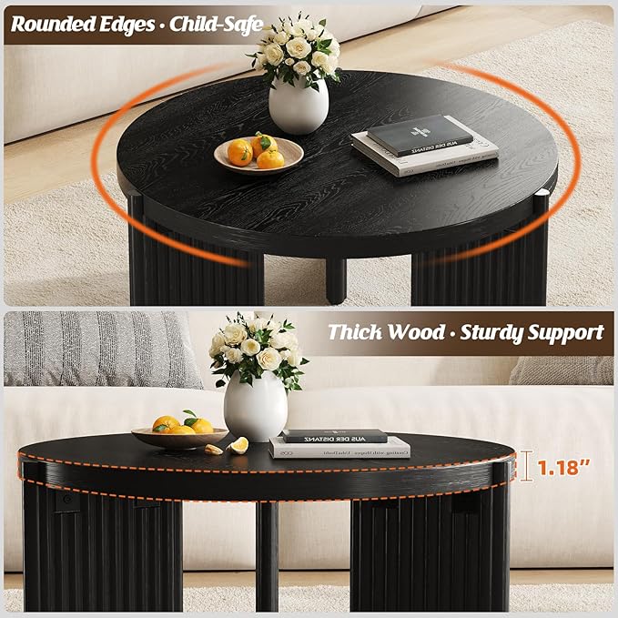 Luoxiao 27.5" Round Black Coffee Table for Living Room, Mid Century Modern Fluted Wood Center Table, Circular Sofa Table with Ribbed Base & Non-Slip Footpads for Small Space, Apartment, Easy Assembly