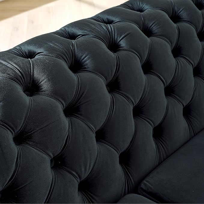 KEIKI 106" L-Shaped Luxury Velvet Chesterfield Sectional Sofa with Gold Stainless Steel Accents and 5 Pillows, Mid-Century Oversized 5-Seater Button Tufted Couch, Easy Assembly, for Living Room, Black