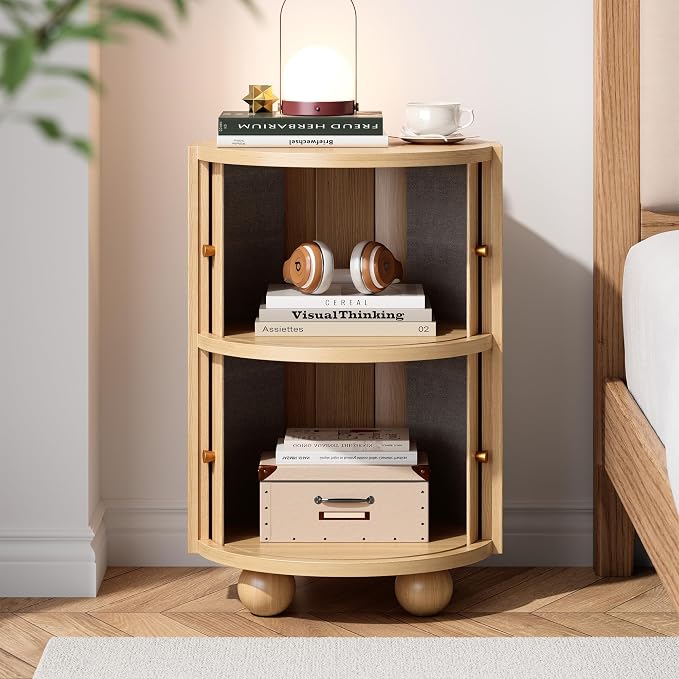 Round Nightstand with Sliding Doors and 2 Storage Shelves, Modern Bedside End Table, Suitable for the Bedroom (Oak) - Image 4