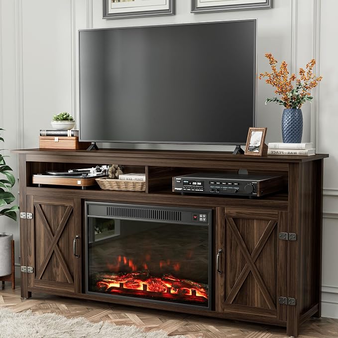 YESHOMY Fireplace TV Stand for Television up to 65+ Inch with Storage and Farmhouse Barn Doors, Entertainment Center with Cabinet and Shelves, Media Console for Living Room, Walnut by SearchallYESHOMY