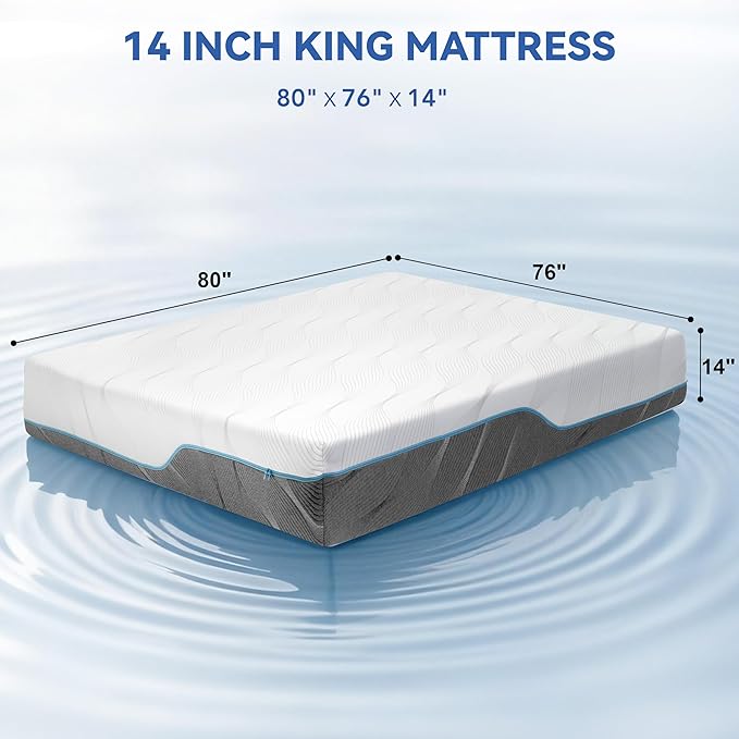 King Size Mattress, 14 Inch Memory Foam Mattress with Dual-Sided Reversible, Relieve Pressure with Medium/Extra Firm Support, CertiPUR-US, Cooling Ventilated Foam Comfort for Sleep, 80''L x 76''W