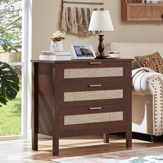 LEYAOYAO 31.5" Wide Rattan Nightstands Set of 2 with Charger Station, Large Boho 3 Drawer Night Stand, Retro Walnut Bedside Table with Storage, Bed Side End Tables for Bedroom, Living Room, Hallway - Image 3