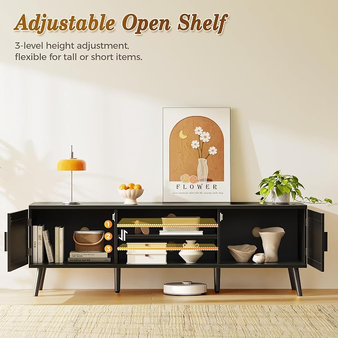 SUPERJARE TV Stand for 65 Inch TV, Entertainment Center with Adjustable Shelf, Rattan TV Console with 2 Cabinets, Media Console, Solid Wood Feet, 4 Cord Holes, for Living Room, Black - Image 3