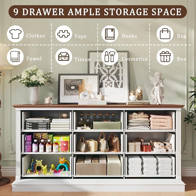 HUAHUU Farmhouse 9 Drawer Dresser for Bedroom, 60" Wide Wood Dresser with Roman Column, Chest of Drawers with Antique Bronze Circle Handles, Storage Organizer for Living Room, Hallway, Entryway, White - Image 3