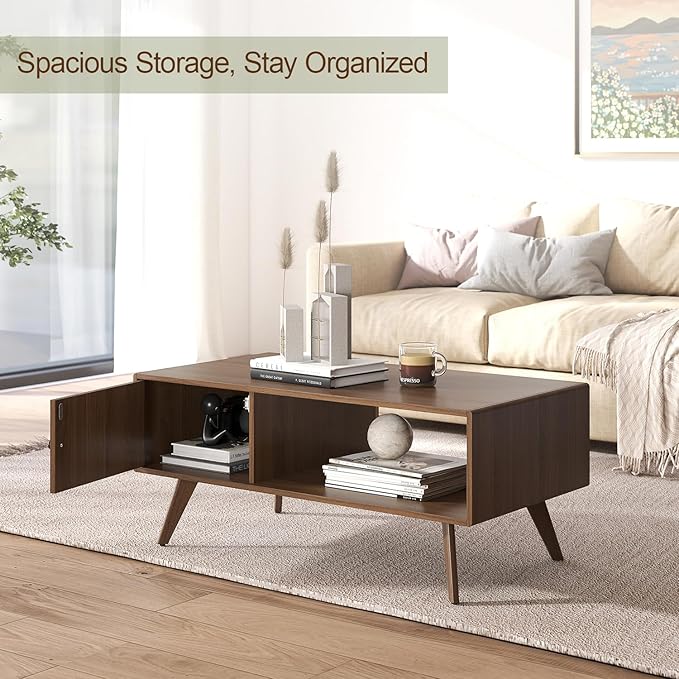 Manora Mid Century Modern Coffee Table with Storage Cabinet and Open Shelf, Wooden Living Room Table with Fluted Drawer and Solid Wood Legs, Walnut Finish Center Table for Small Spaces