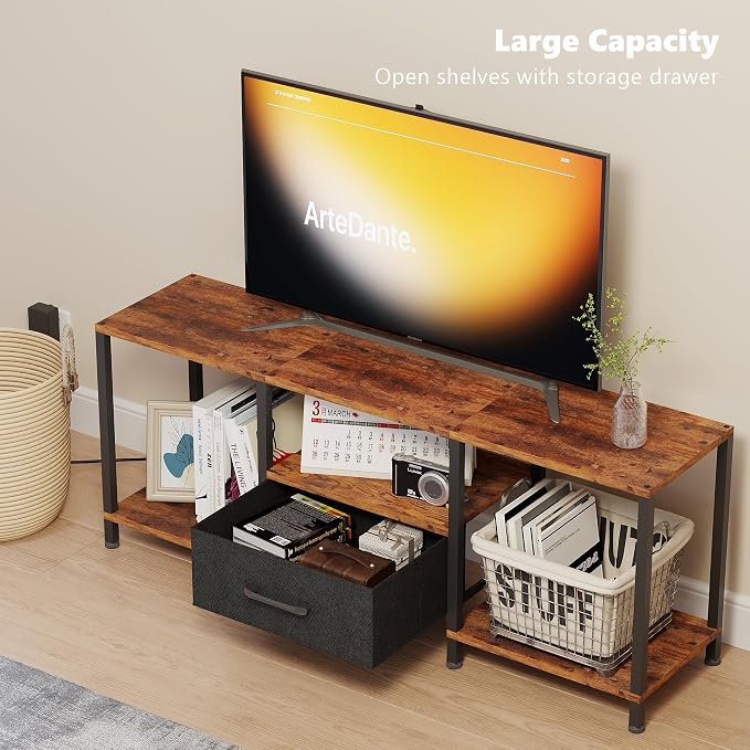 JARHETUN TV Stand with LED Lights, Entertainment Center with Open Shelves and Fabric Drawer, Media Console for 55 Inch TV, Television Stands, Living Room Furniture, Bedroom, Rustic Brown - Image 5