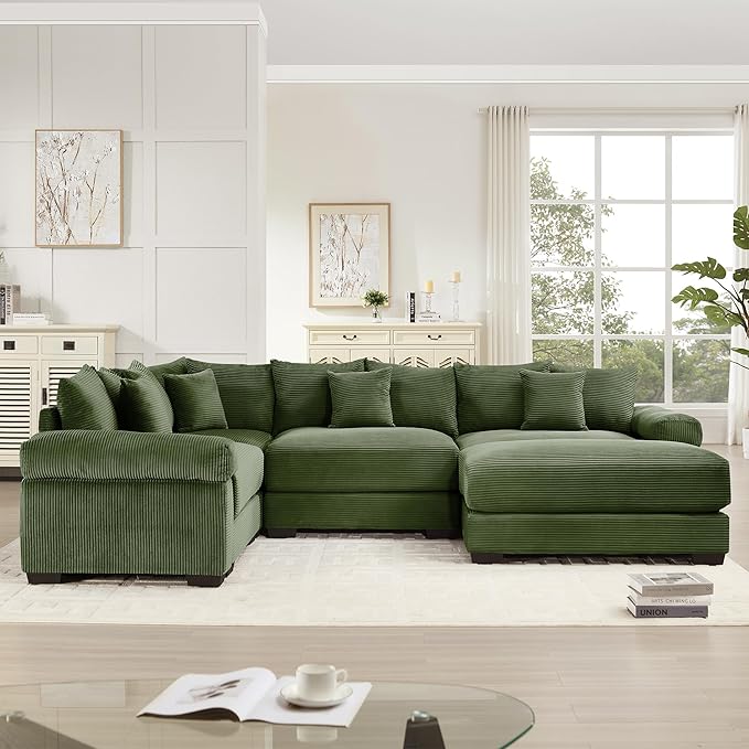 KEIKI 117" U-Shaped Oversized Corduroy Modular Cloud Sectional Sofa with 1 Ottoman, High-Density Foam Cushion, Extra-Thick Armrest, 4-Seater Fluffy Corner Couch with 14 Pillow, for Living Room, Green