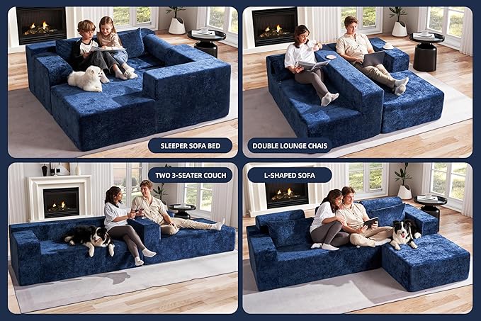 Homguava Modular Sectional Couches for Living Room,105" Cloud Couch with L-Shape Chaise,Comfy Sofa Living Room Couch with Deep Seat,No Assembly L Couch,Luxury Distressed Velvet(Blue,R)