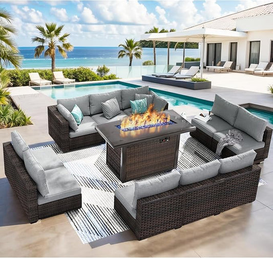 Patio Furniture Set 11 Pieces with 44" Fire Pit Table, Rattan Outdoor Sectional Conversation Sets, All Weather Outdoor Furniture Set with Cushions for Garden Lawn Balcony Porch Deck Grey