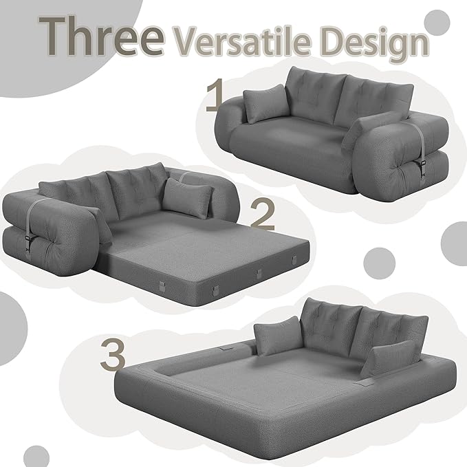 78.7" Convertible Sofa Bed, 3-in-1 Folding Floor Couch with 4 Pillows, Sleeper Sofa for Living Room and Guest Bed, No Assembly Required (Grey, Teddy Fabric)