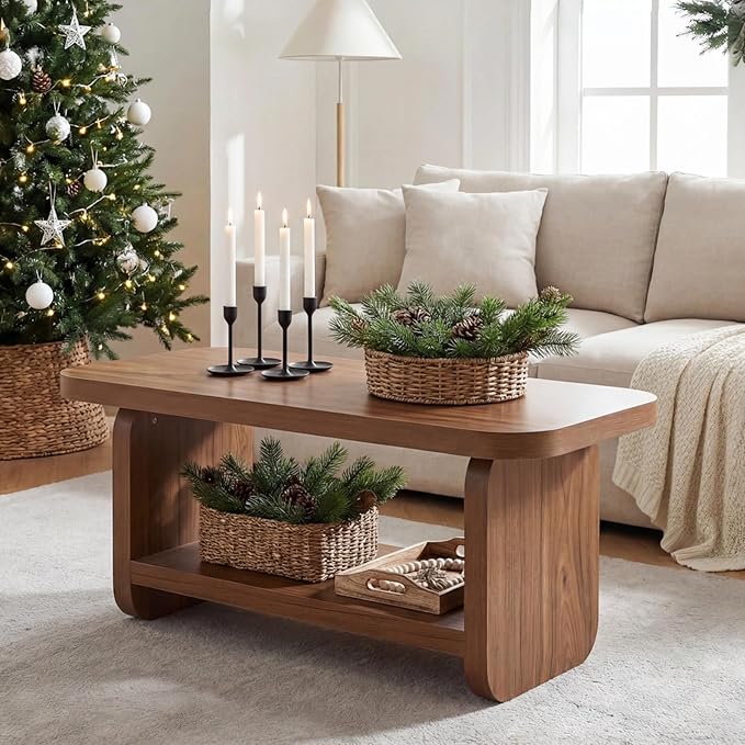 LITTLE TREE Wooden Coffee Table, 47.2" Center Table with Storage, Modern Farmhouse Rectangle Living Room Tables with Rounded Corners for Living Room, Bedroom, Kids Room, Home Office, Brown