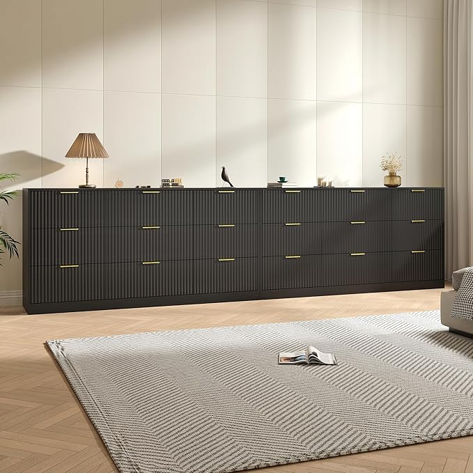 Black Dresser Set of 2, Long Dresser for Bedroom Wooden with 18 Drawers, Fluted Modern Bedroom Furniture Set, TV Stand Dressers & Chests of Drawers for Closet (15.7"D x 125.8"W x 31.8"H)