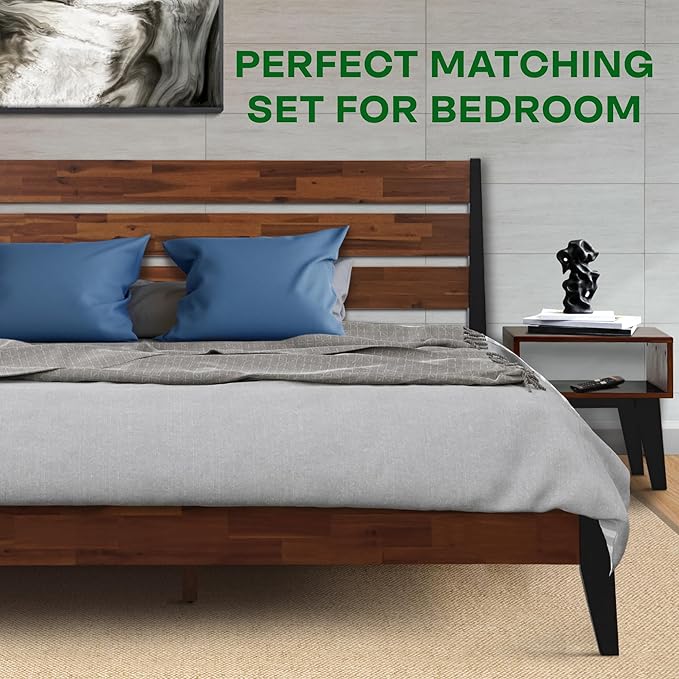 Acacia Emery King Solid Wood Platform Bed Frame with Headboard – Gift Matching Nightstand Included, Farmhouse Mid-Century Modern, Americano Finish, Sturdy, No Box Spring Needed, Easy Assembly