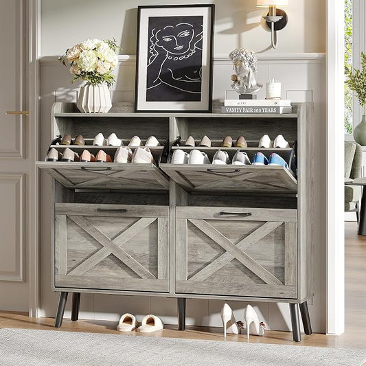 Maupvit Large Shoe Storage Cabinet with 4 Flip Drawers, Narrow Shoe Cabinet for Entryway with Wooden Legs, Freestanding Hidden Shoe Rack Organizer ＆ Metal Hinges, Washed Gray by MaupvitFurniture