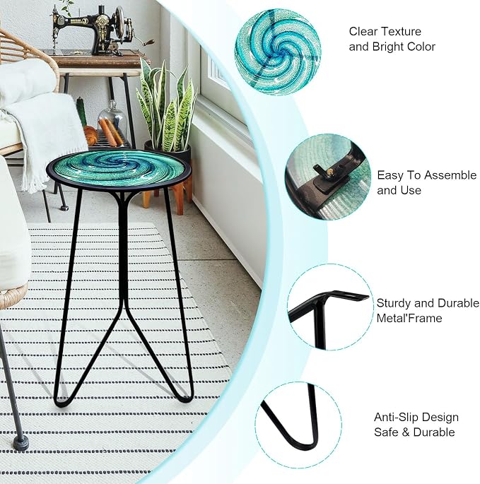 LIFFY Patio Side Table, Small Round End Table, Metal Side Table Outdoor, Small Porch Table for Indoor Balcony Furniture Decor (Green 12 inch) - Image 5