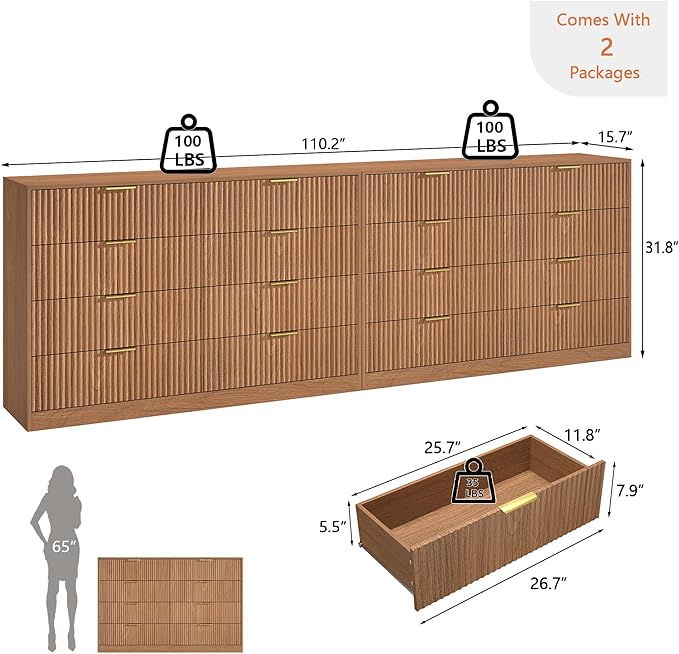 Dresser for Bedroom Set of 2, Large Dresser with 16 Drawers, Fluted Modern Bedroom Furniture Set, TV Stand Dressers & Chests of Drawers for Closet, Natural Wood(15.7" D x 110.2" W x 36" H)
