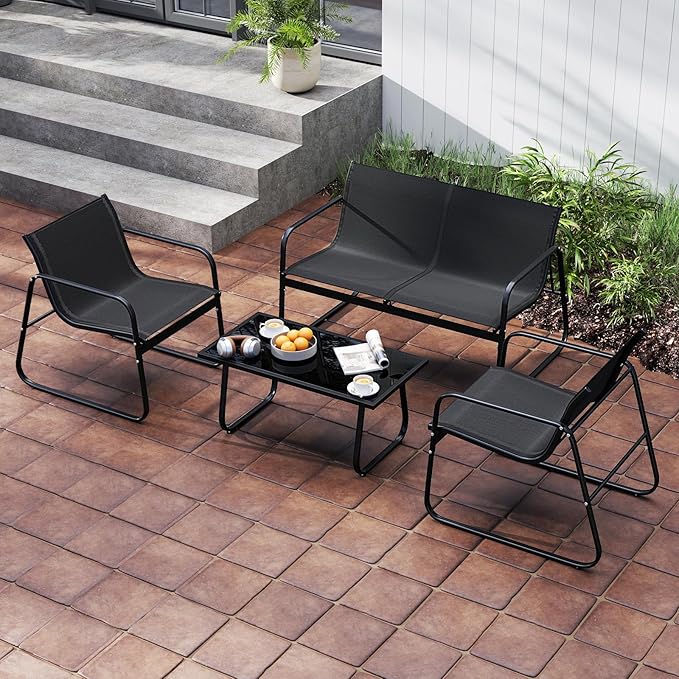 HAPPYGRILL 4 Pieces Patio Conversation Set, Fabric Lawn Chairs and Loveseat with Tempered Glass Coffee Table, Heavy Duty Metal Frame, Outdoor Furniture Set for Porch, Garden and Poolside