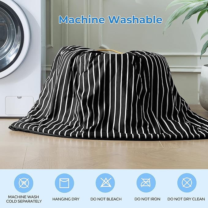 Pinstripe Cooling Comforter Twin Size, Q-Max 0.45 Reversible Striped Cooling Blanket for Hot Sleepers, Breathable Lightweight Silk Smooth Summer Bedding, Quilted Ice Blanket, Black