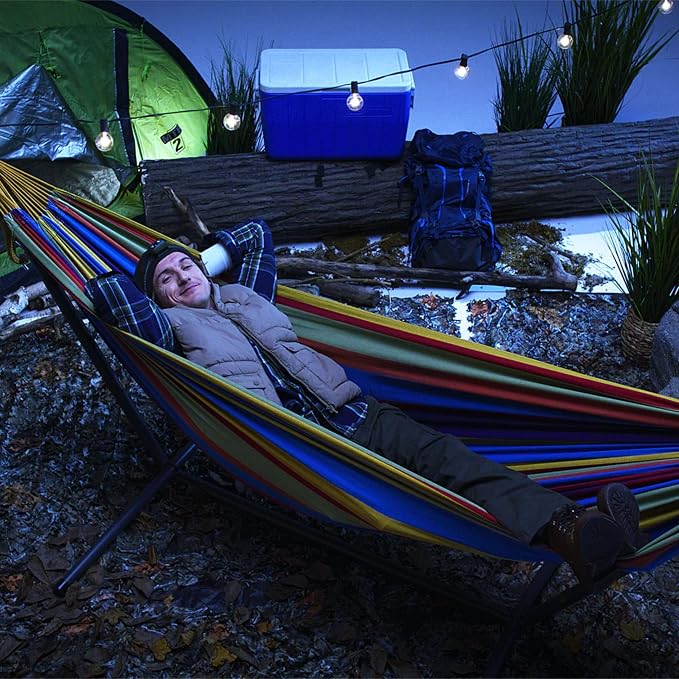 Vivere Double Cotton Hammock with Space Saving Steel Stand, Upgraded Polyester End Strings 450 lb Capacity - Premium Carry Bag Included - USA Grown Cotton (Tropical) - Image 6