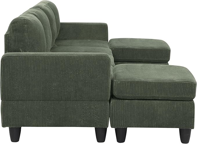 Ball & Cast 101" Convertible U Shaped Couch with Ottoman, Corduroy 4 Seater Modular Sectional Sofa, Corner Sectional Couches for Living Room,Office, Green