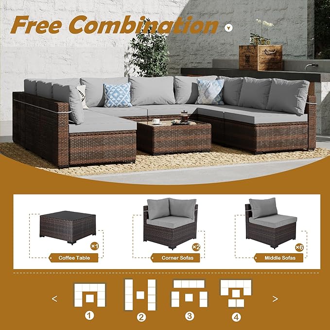 UPHA 9 Pieces Patio Furniture Sets, Wicker Outdoor Sectional Sofa Couch with Coffee Table, Patio Conversation Set for Deck Backyard Garden, Brown Rattan, Light Gray Cushion