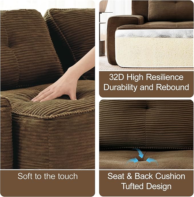 Casaphoria 150'' Corduroy Cloud Couch, 4-Seat L-Shaped Sectional Sofa with 4 Pillows & Ottoman for Living Room, Deep Seat Boneless Couch for Modern Apartment, No Assembly Required, Brown