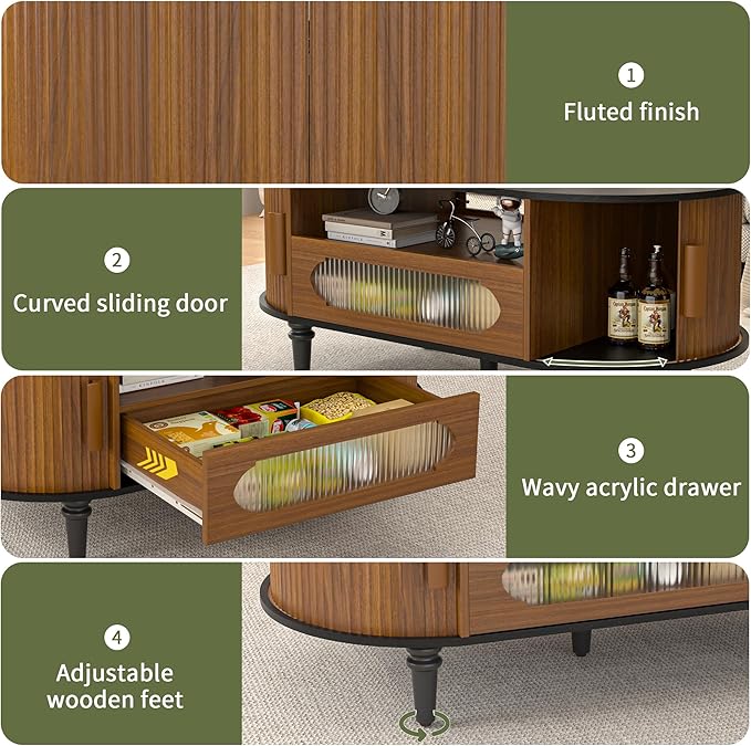 Fluted Round Coffee Table with Storage, Modern Oval Coffee Table with Drawer, Sliding Door, Low Small Center Tables for Living Room, Wooden Boho, Mid Century, Unique, Black and Walnut