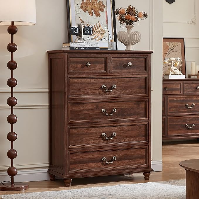 Joaxswe Farmhouse 6 Drawer Dresser for Bedroom, 42" Tall Rustic Chests of Drawers w/ 4 Solid Wood Feet, Mid Century Modern Wooden Closet Storage Dressers Organizer for Living Room, Hallway,Brown - Image 6