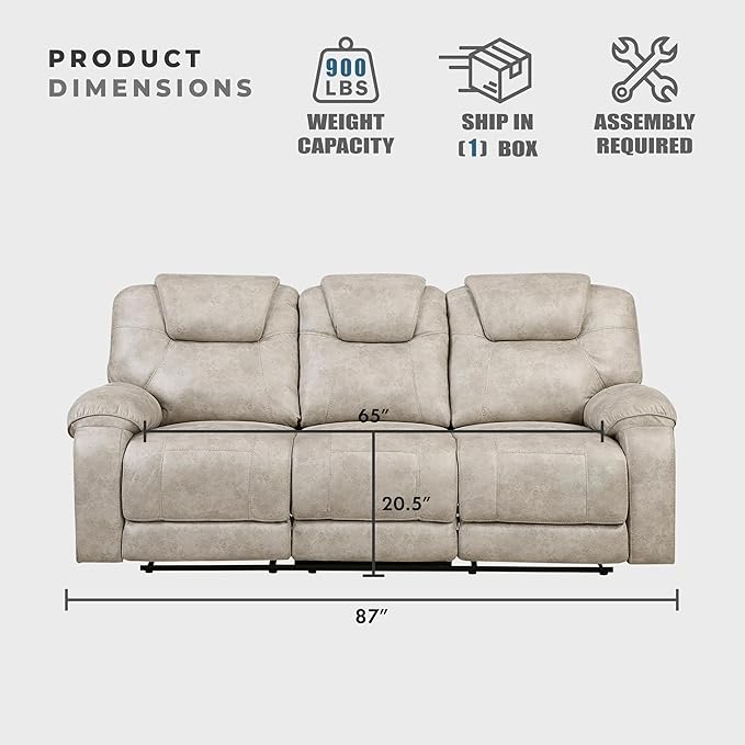 Lexicon Manual Double Reclining Sofa, Polished Microfiber Wall Hugger 3 Seater Manual Tab Pull Sofa Recliner for Living Room, Pillow Top Armrest, Padded Headrest, Easy Assembly, Pewter