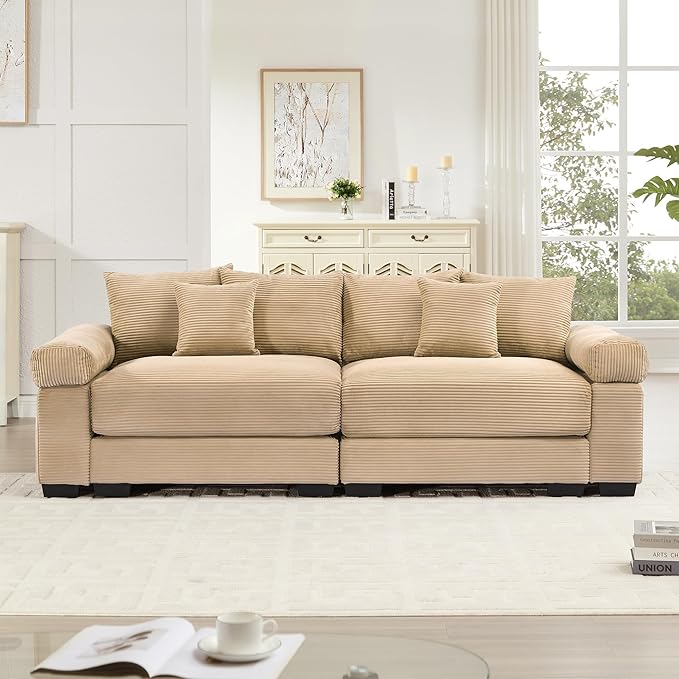 KEIKI 83" Oversized Corduroy Modular Sectional Loveseat Sofa with High-Density Foam Cushions, Extra-Thick Armrest, Upholstered Modern 2-Seater Fluffy Corner Couch with 6 Pillow, for Living Room, Camel