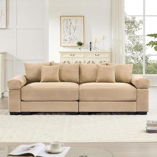 KEIKI 83" Oversized Corduroy Modular Sectional Loveseat Sofa with High-Density Foam Cushions, Extra-Thick Armrest, Upholstered Modern 2-Seater Fluffy Corner Couch with 6 Pillow, for Living Room, Camel